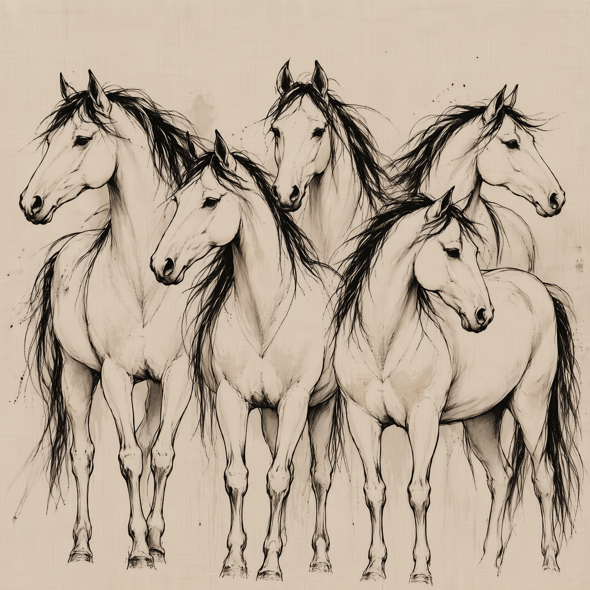 Horse Herd Wall Art – Neutral Equestrian Line Art Canvas