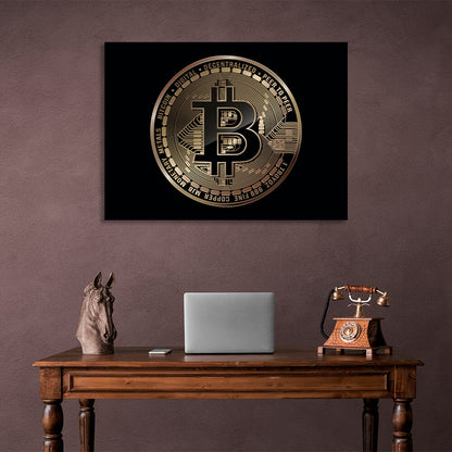 Bitcoin gold coin on a black background Inspirational Canvas Wall Art Print