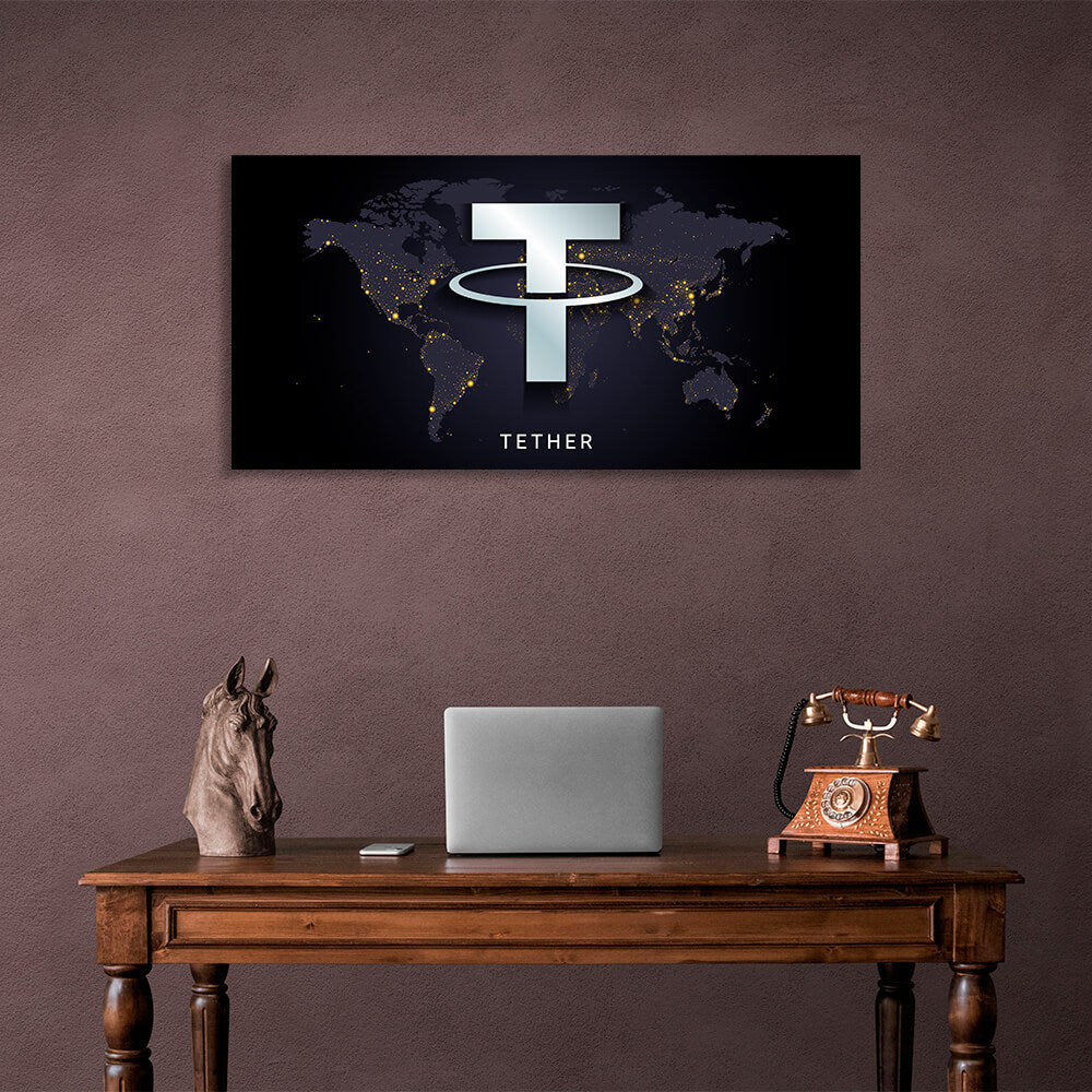 Tezer USDT logo on the map background Inspirational Canvas Wall Art Print