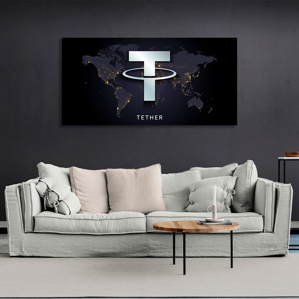 Tezer USDT logo on the map background Inspirational Canvas Wall Art Print