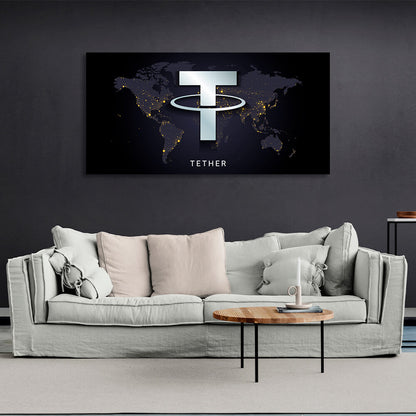 Tezer USDT logo on the map background Inspirational Canvas Wall Art Print