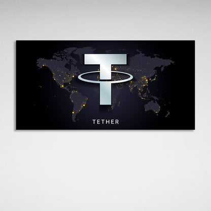 Tezer USDT logo on the map background Inspirational Canvas Wall Art Print