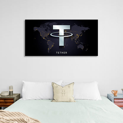 Tezer USDT logo on the map background Inspirational Canvas Wall Art Print