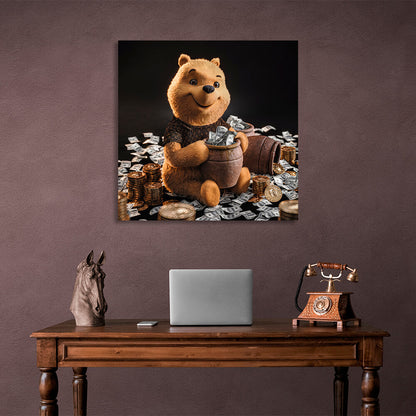 A bear with a pot of money Canvas Wall Art Print