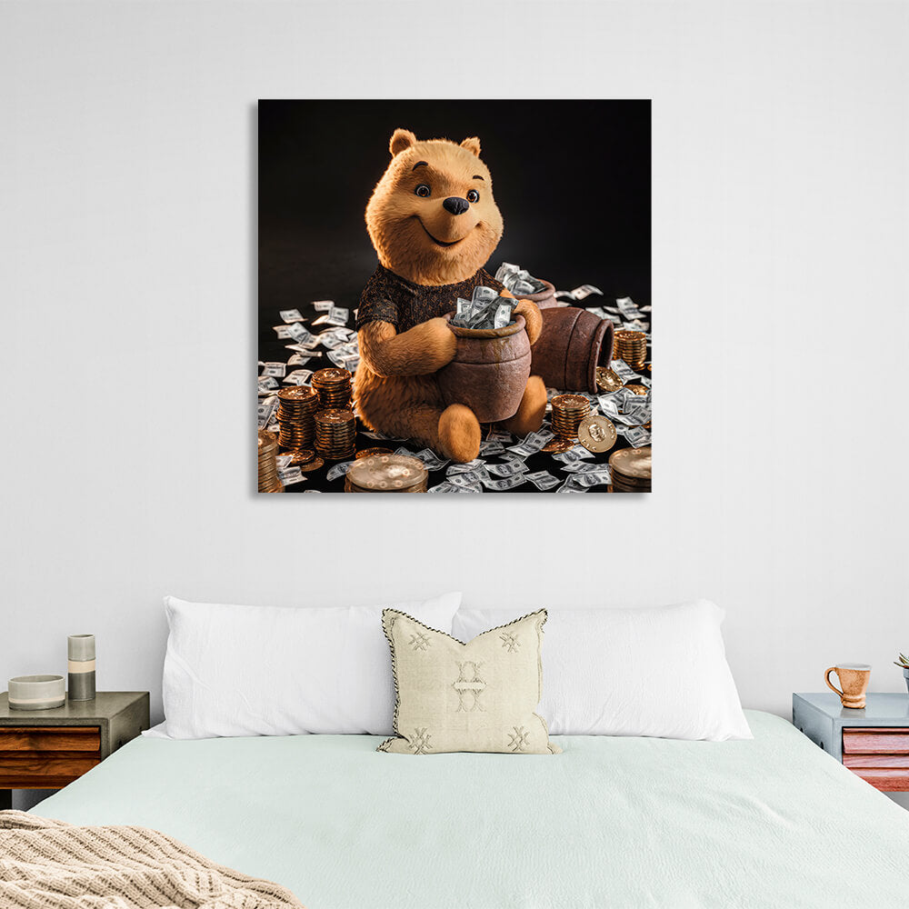 A bear with a pot of money Canvas Wall Art Print