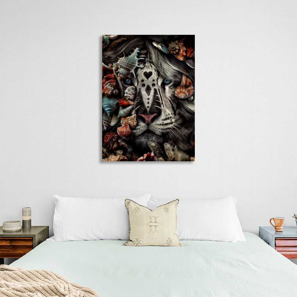 Interior White tiger and seashells Canvas Wall Art Print