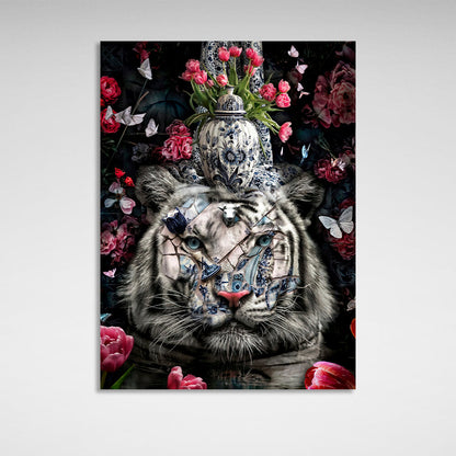 Interior White tiger in flowers Canvas Wall Art Print