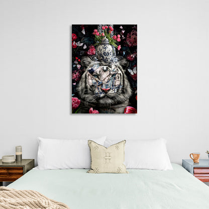 Interior White tiger in flowers Canvas Wall Art Print