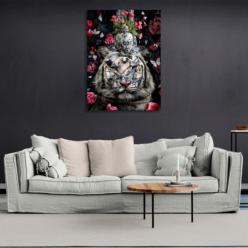 Interior White tiger in flowers Canvas Wall Art Print