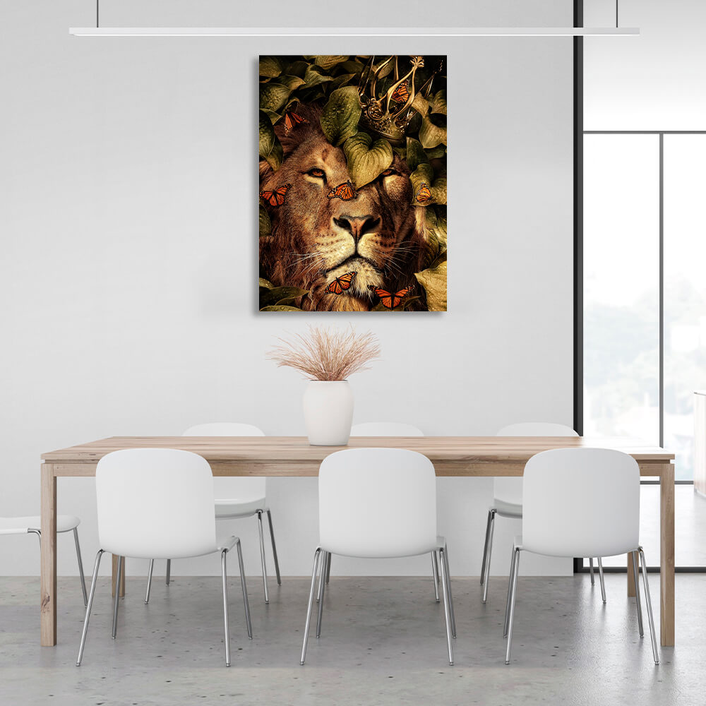 Interior The lion and the butterflies in the leaves Canvas Wall Art Print