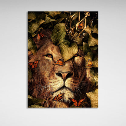 Interior The lion and the butterflies in the leaves Canvas Wall Art Print