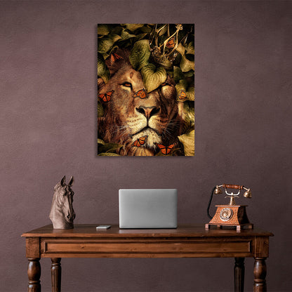 Interior The lion and the butterflies in the leaves Canvas Wall Art Print