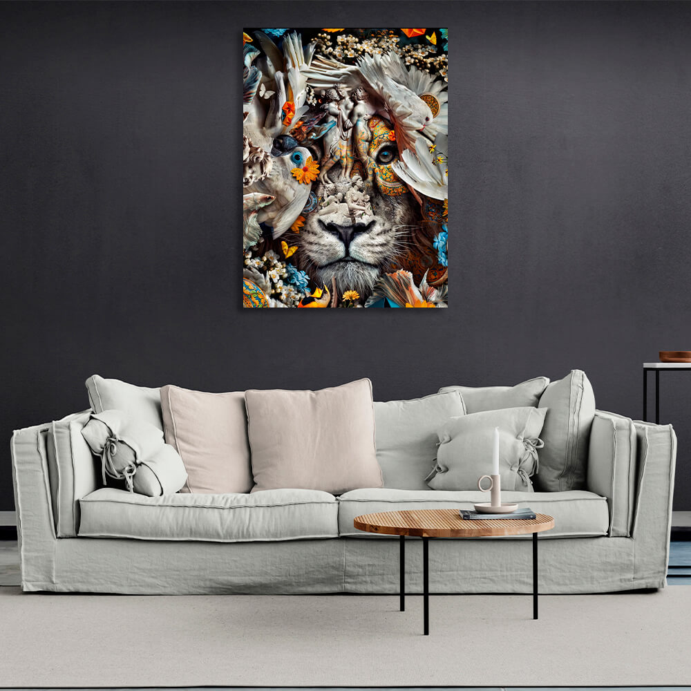 Interior White lion, birds and fish Canvas Wall Art Print