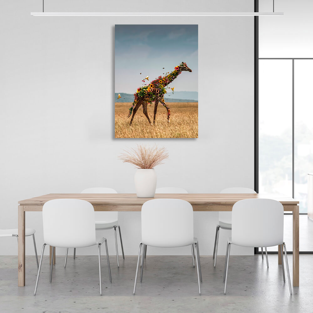 Interior A giraffe in flowers in a field Canvas Wall Art Print