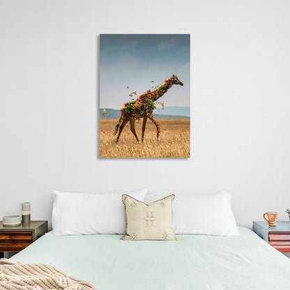 Interior A giraffe in flowers in a field Canvas Wall Art Print