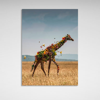 Interior A giraffe in flowers in a field Canvas Wall Art Print