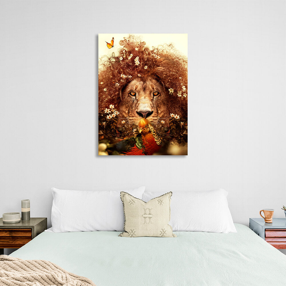 Interior A curly lion and a bird Canvas Wall Art Print