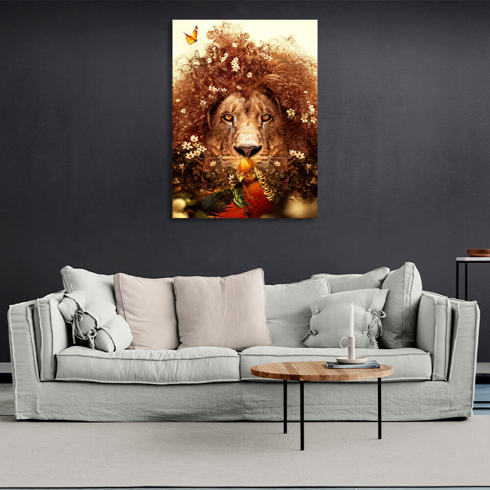 Interior A curly lion and a bird Canvas Wall Art Print