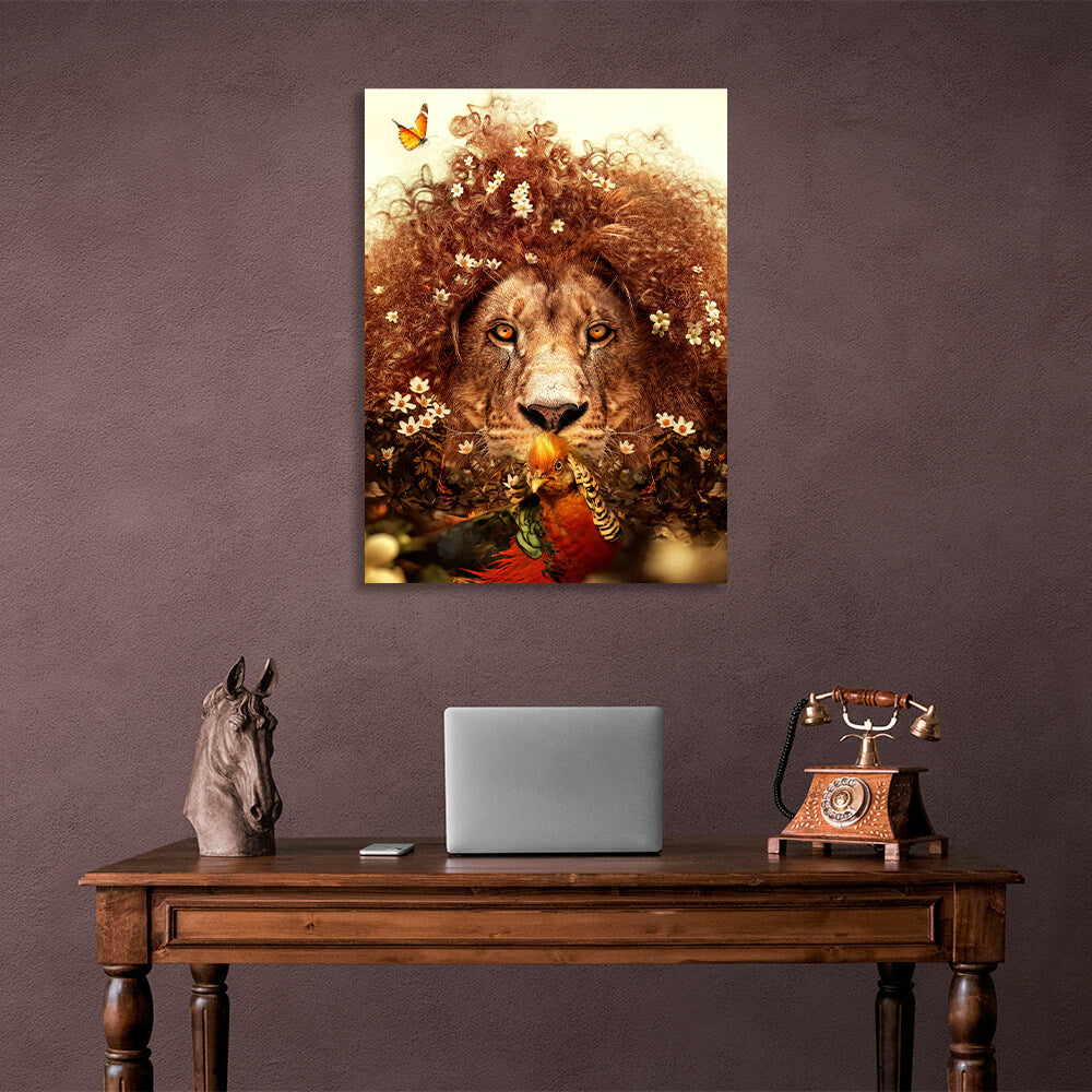 Interior A curly lion and a bird Canvas Wall Art Print