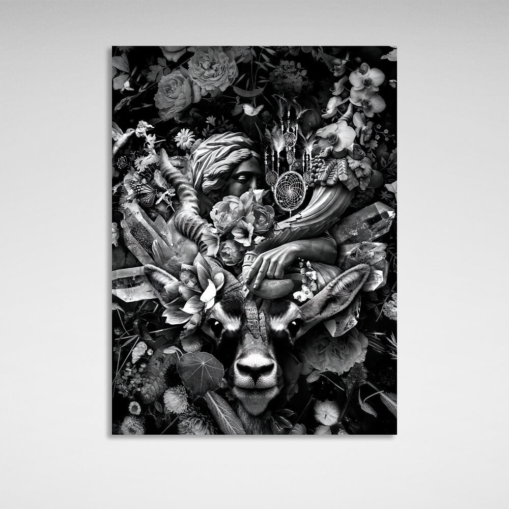 Black and white antelope in flowers Canvas Wall Art Print