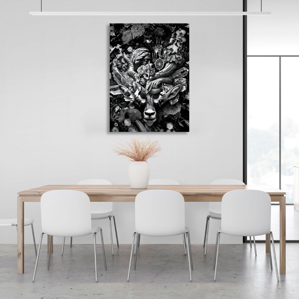 Black and white antelope in flowers Canvas Wall Art Print