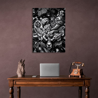 Black and white antelope in flowers Canvas Wall Art Print