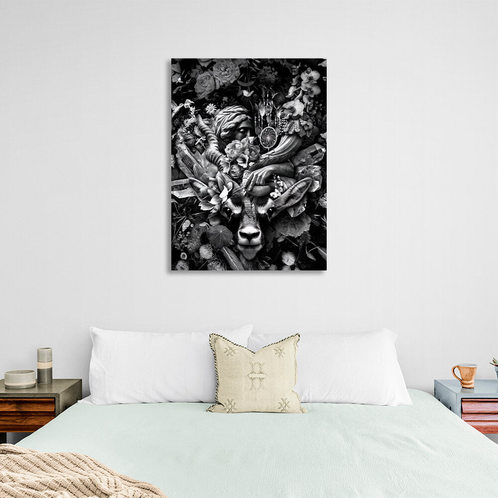 Black and white antelope in flowers Canvas Wall Art Print