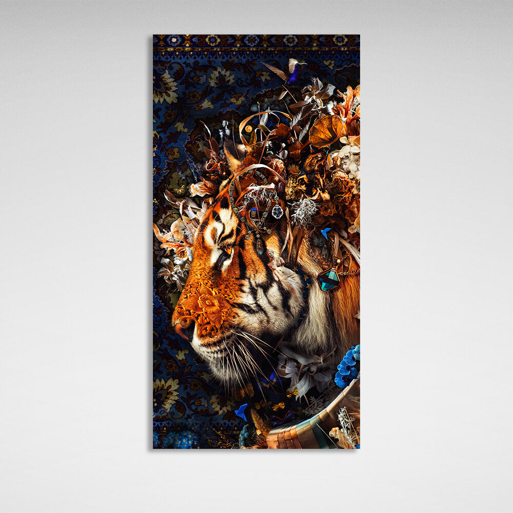 Interior A tiger on a rug in the background Canvas Wall Art Print