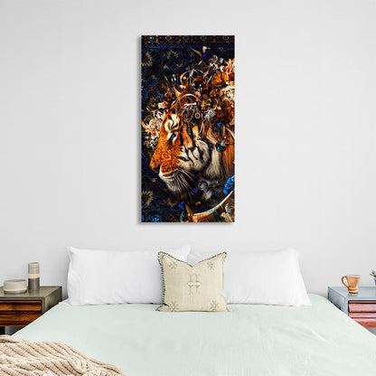 Interior A tiger on a rug in the background Canvas Wall Art Print