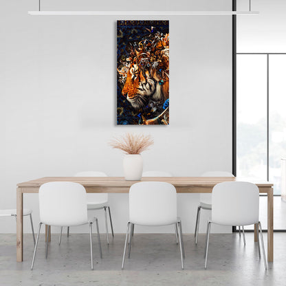 Interior A tiger on a rug in the background Canvas Wall Art Print