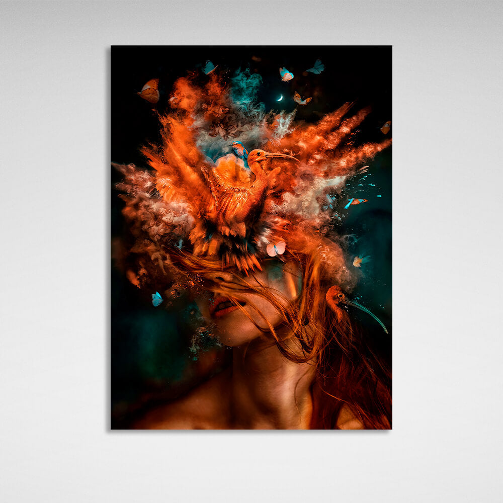 Interior Redheaded girl with birds on her head Canvas Wall Art Print