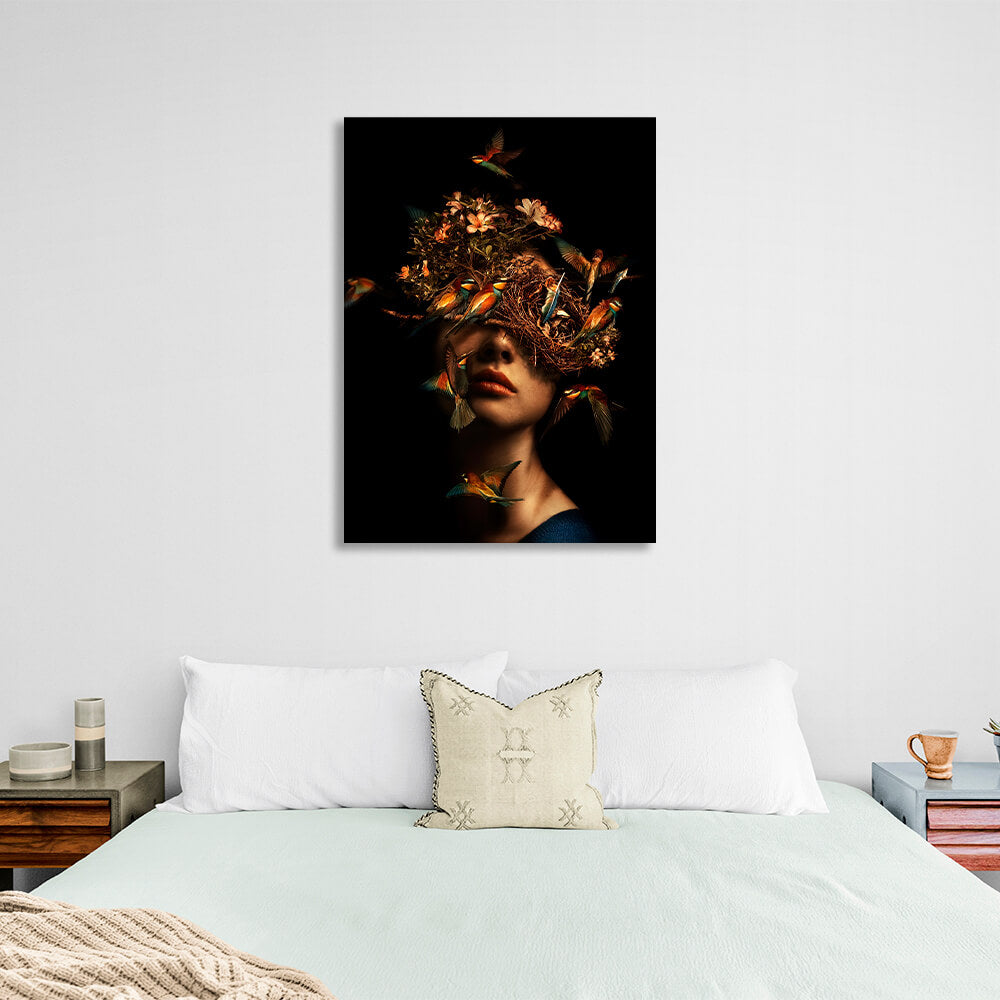 Interior The girl with the bird's nest on her head Canvas Wall Art Print