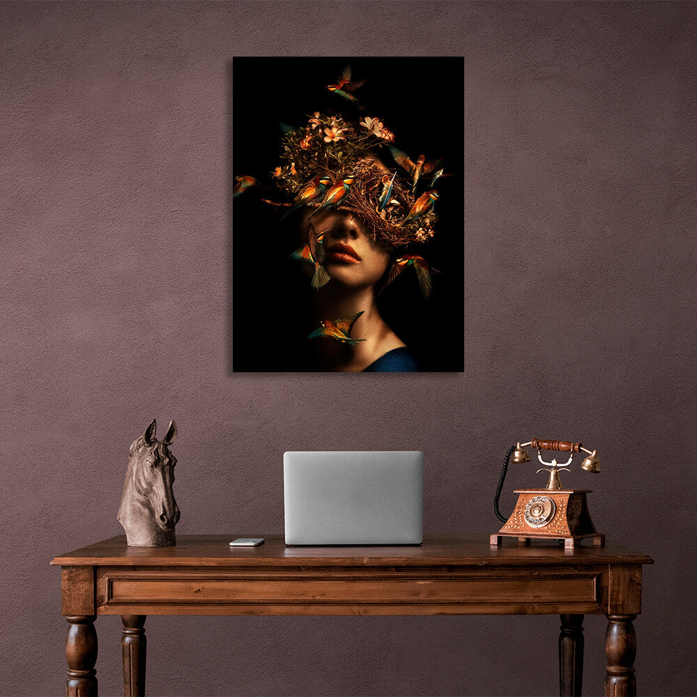 Interior The girl with the bird's nest on her head Canvas Wall Art Print