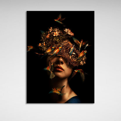 Interior The girl with the bird's nest on her head Canvas Wall Art Print