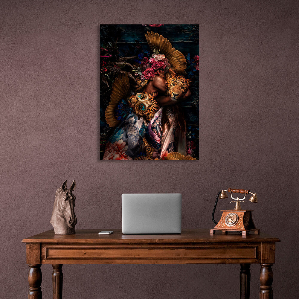 Interior African woman and leopards Canvas Wall Art Print