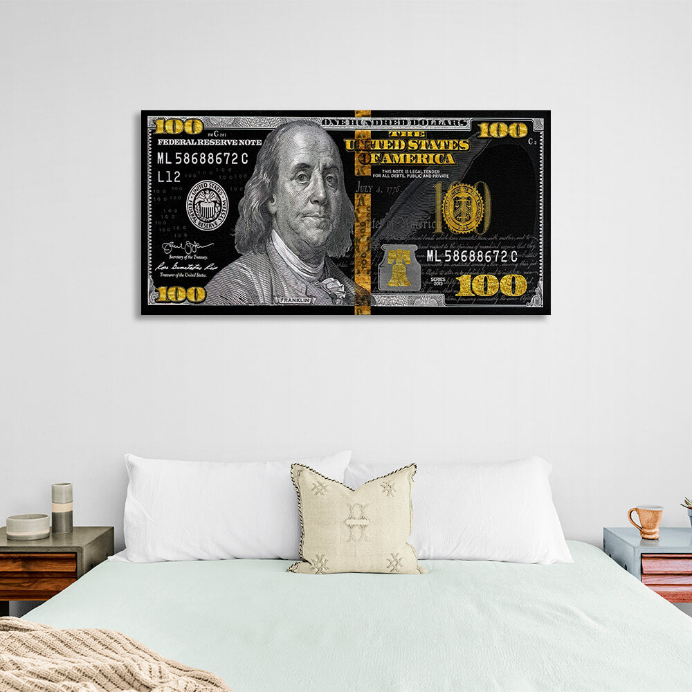 100 dollar black, gray and gold Inspirational Canvas Wall Art Print