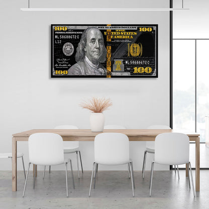 100 dollar black, gray and gold Inspirational Canvas Wall Art Print