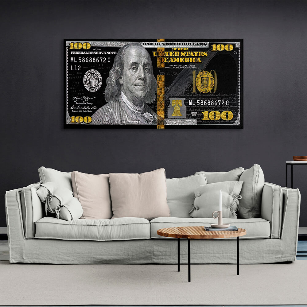 100 dollar black, gray and gold Inspirational Canvas Wall Art Print