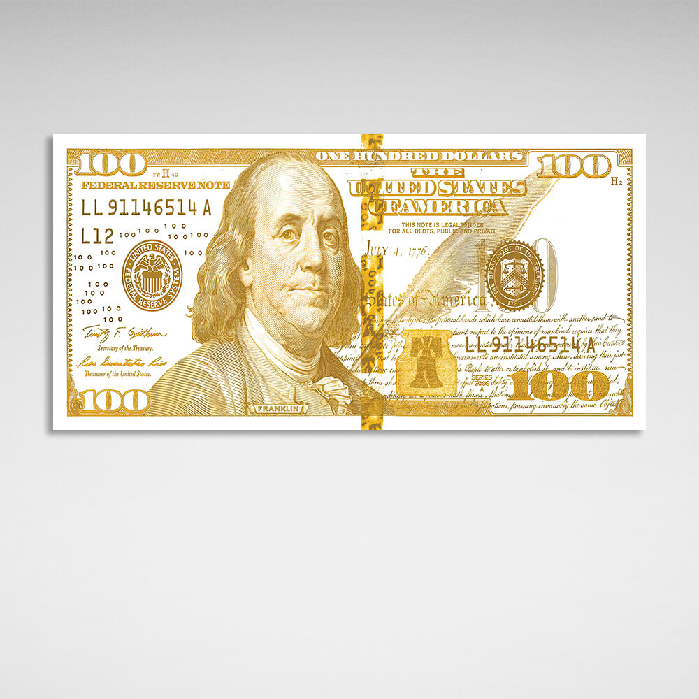 100 dollars white and gold Inspirational Canvas Wall Art Print