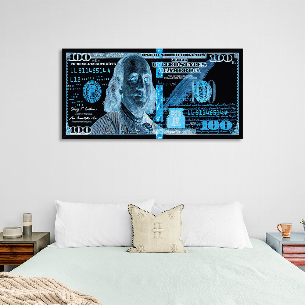 100 dollars black and blue Inspirational Canvas Wall Art Print