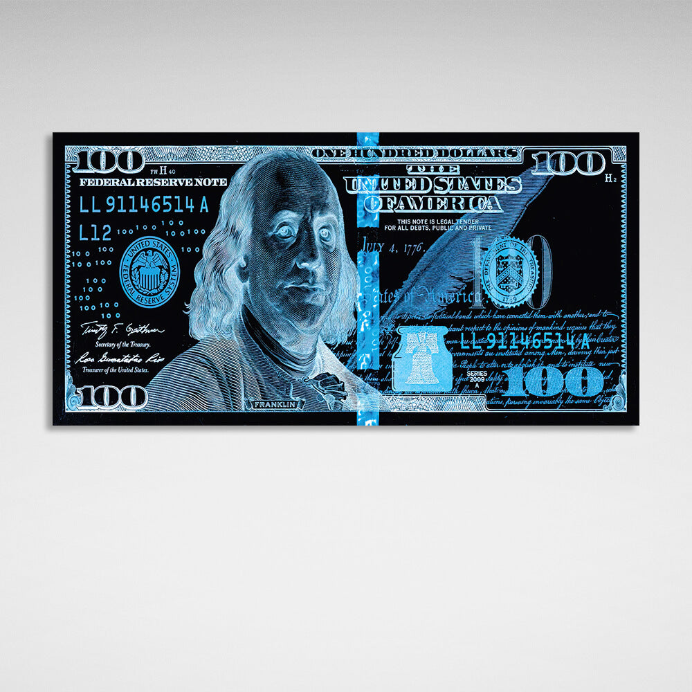 100 dollars black and blue Inspirational Canvas Wall Art Print