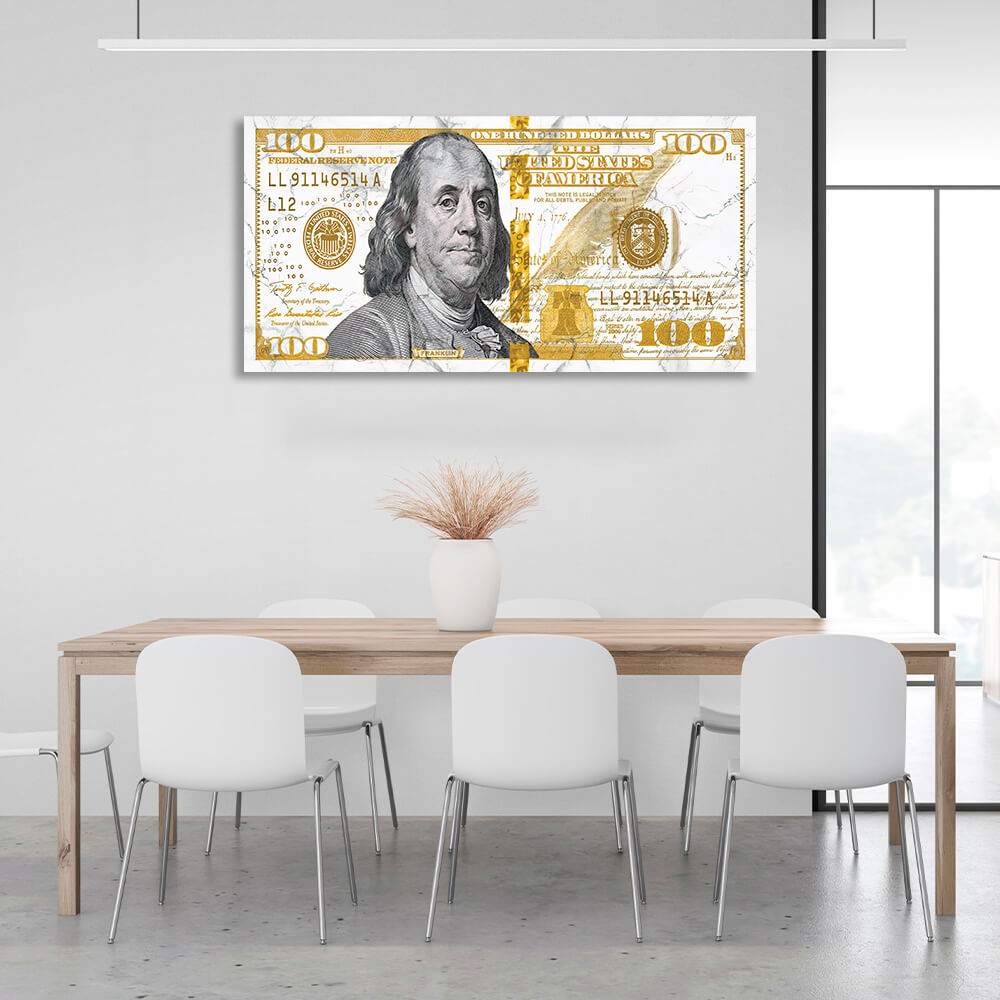 100 dollars white and yellow, black portrait Inspirational Canvas Wall Art Print