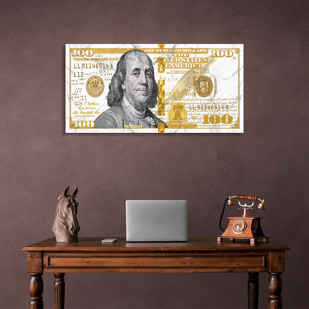 100 dollars white and yellow, black portrait Inspirational Canvas Wall Art Print