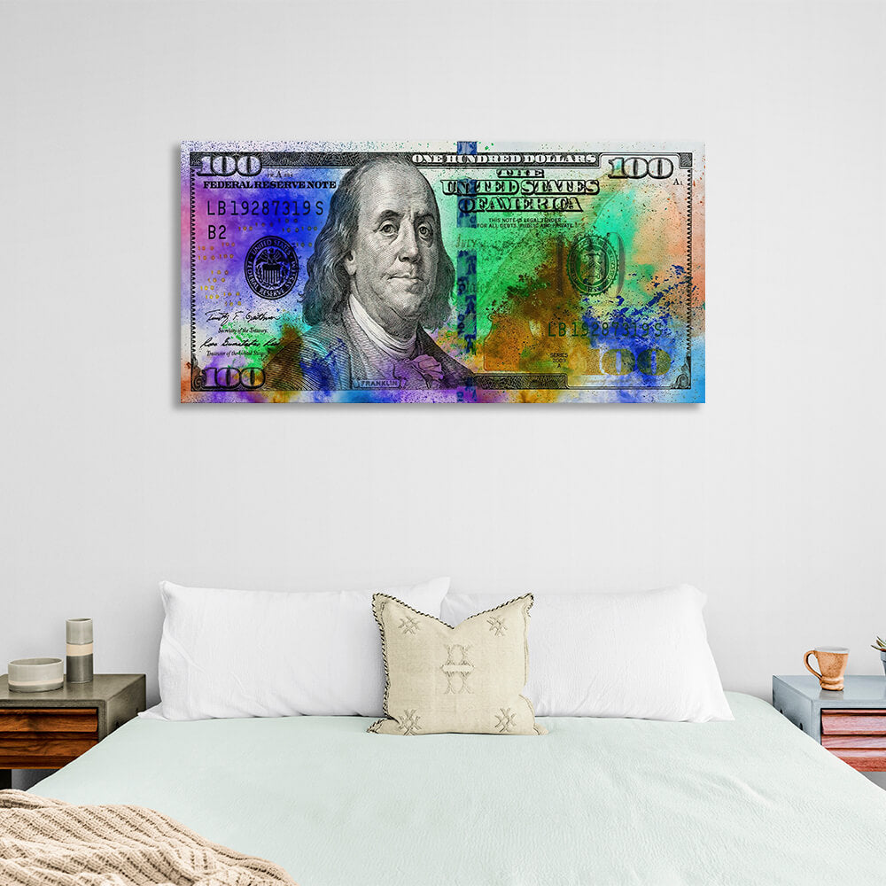 100 dollars with multicolored spots Inspirational Canvas Wall Art Print