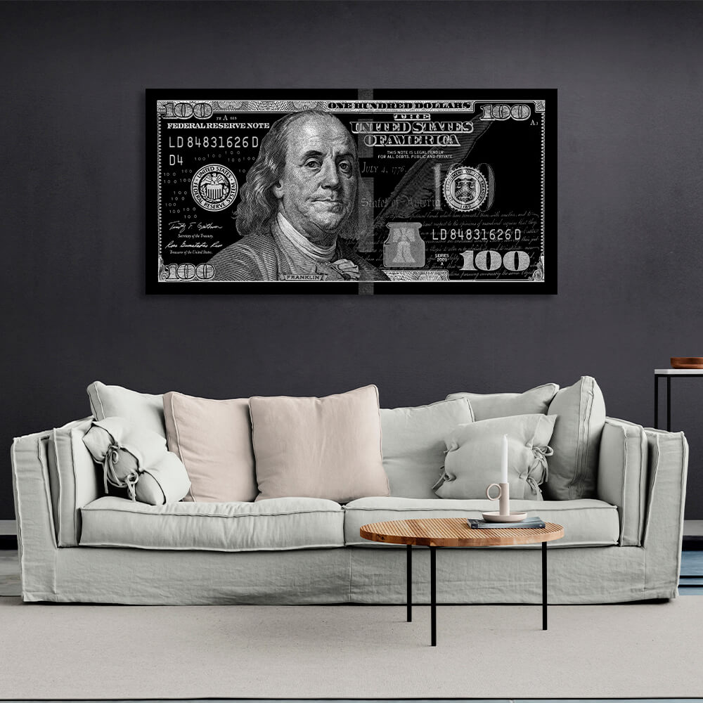 100 dollars black and gray Inspirational Canvas Wall Art Print