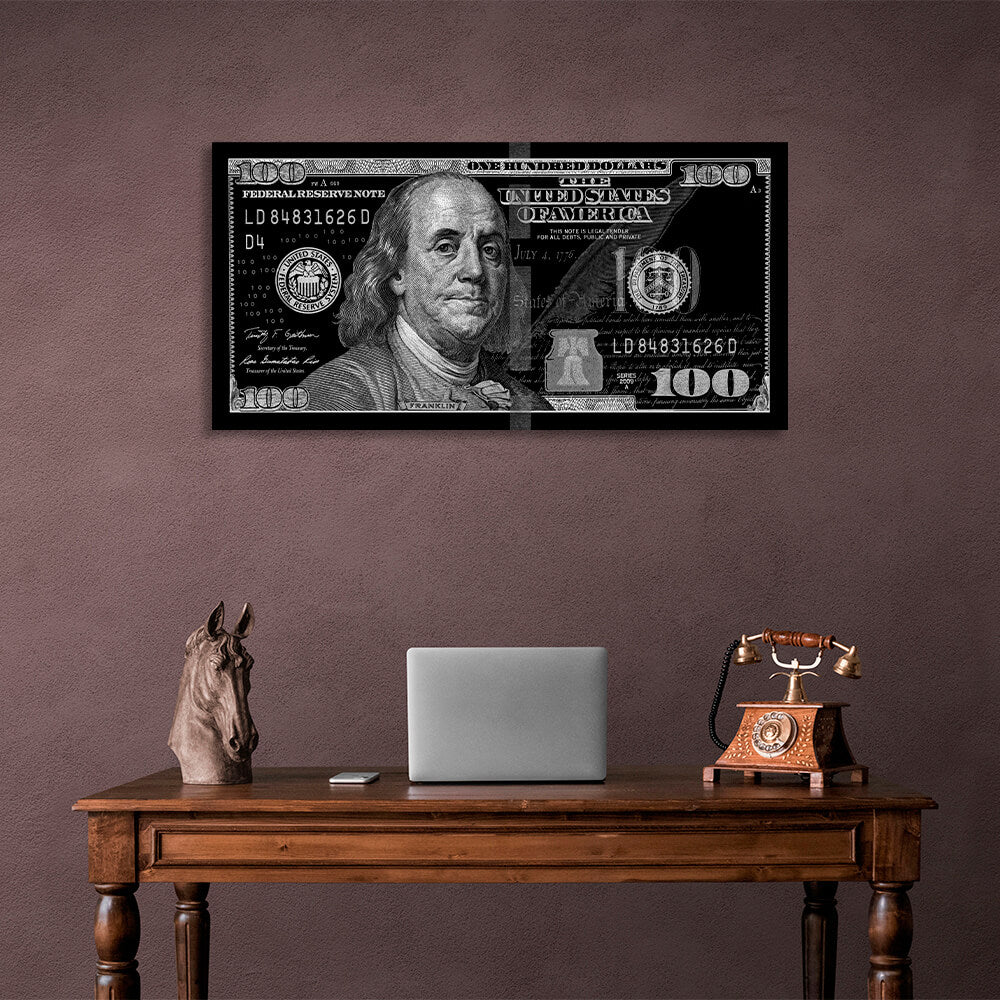 100 dollars black and gray Inspirational Canvas Wall Art Print