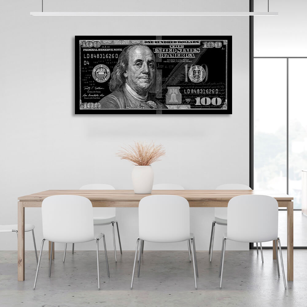 100 dollars black and gray Inspirational Canvas Wall Art Print