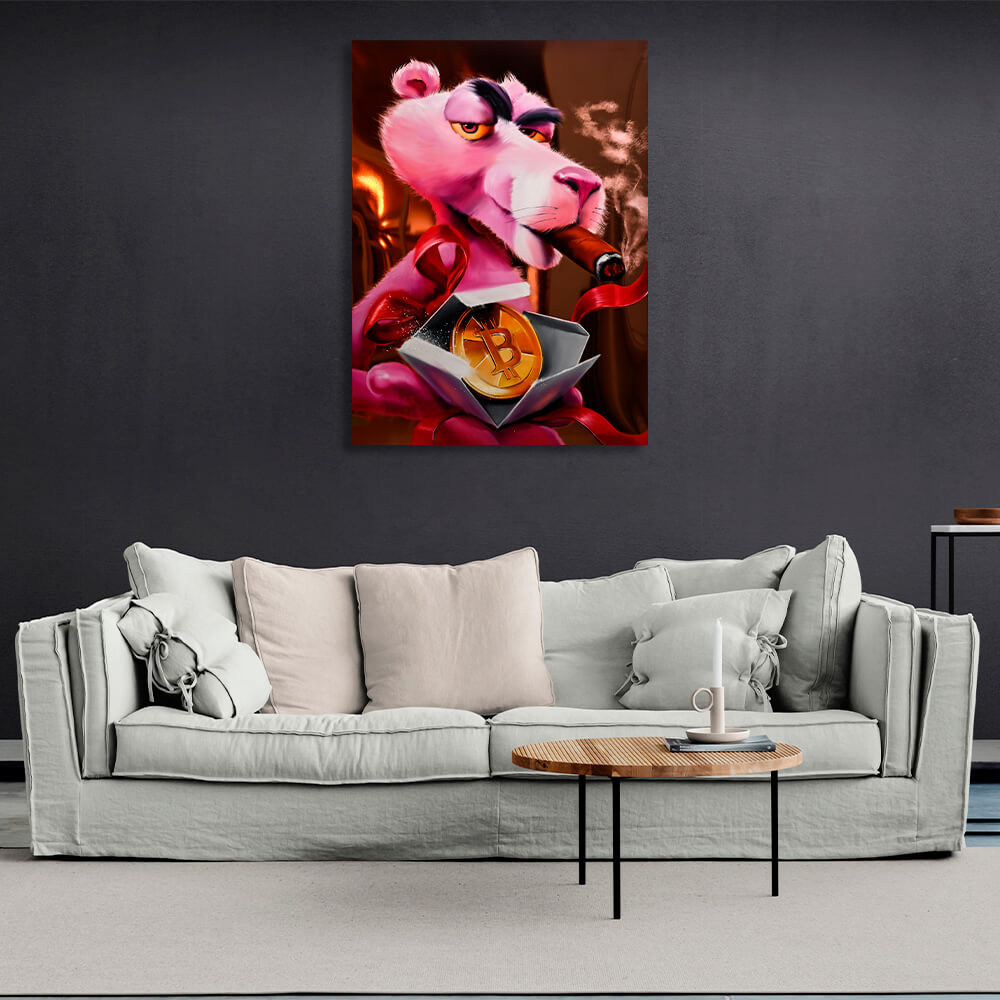 Pink panther and bitcoin Inspirational Canvas Wall Art Print