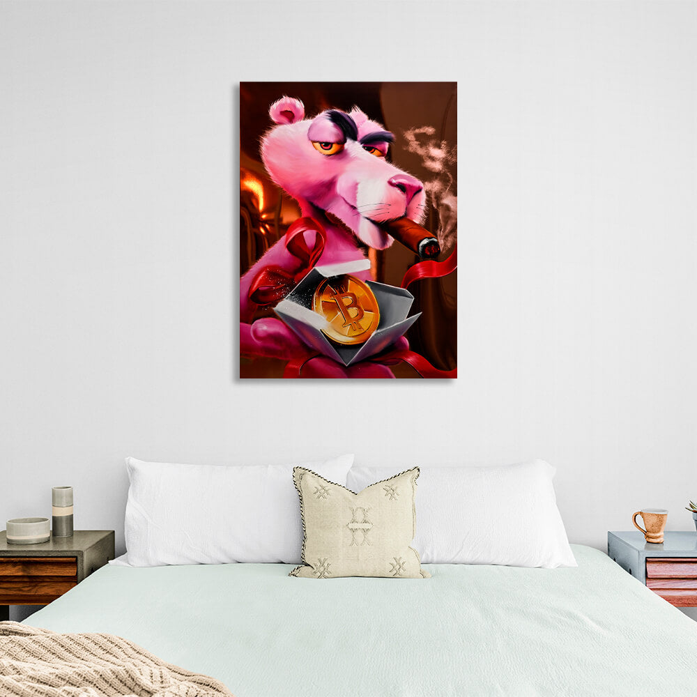 Pink panther and bitcoin Inspirational Canvas Wall Art Print