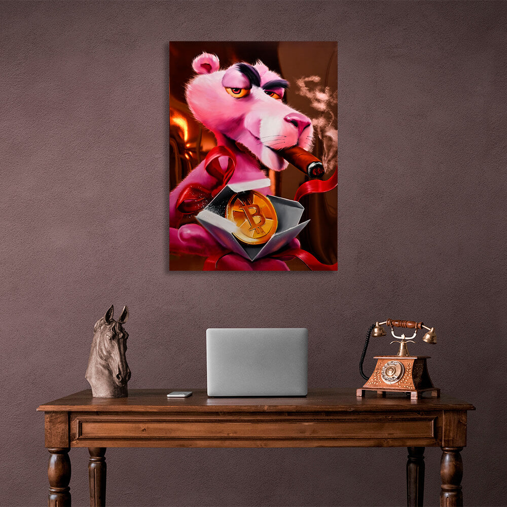 Pink panther and bitcoin Inspirational Canvas Wall Art Print